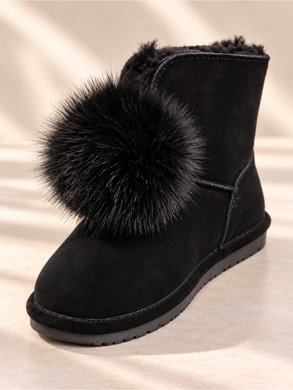 BEARPAW Libby Black Suede Pom-Pom Ankle Boots Water Repellent Size 11 New